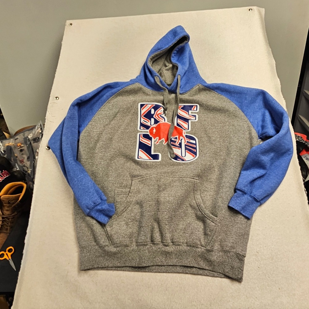 MilliTex Buffalo Bills Raglan Hoodie Mens XL Gray Blue Fleece Sweatshirt